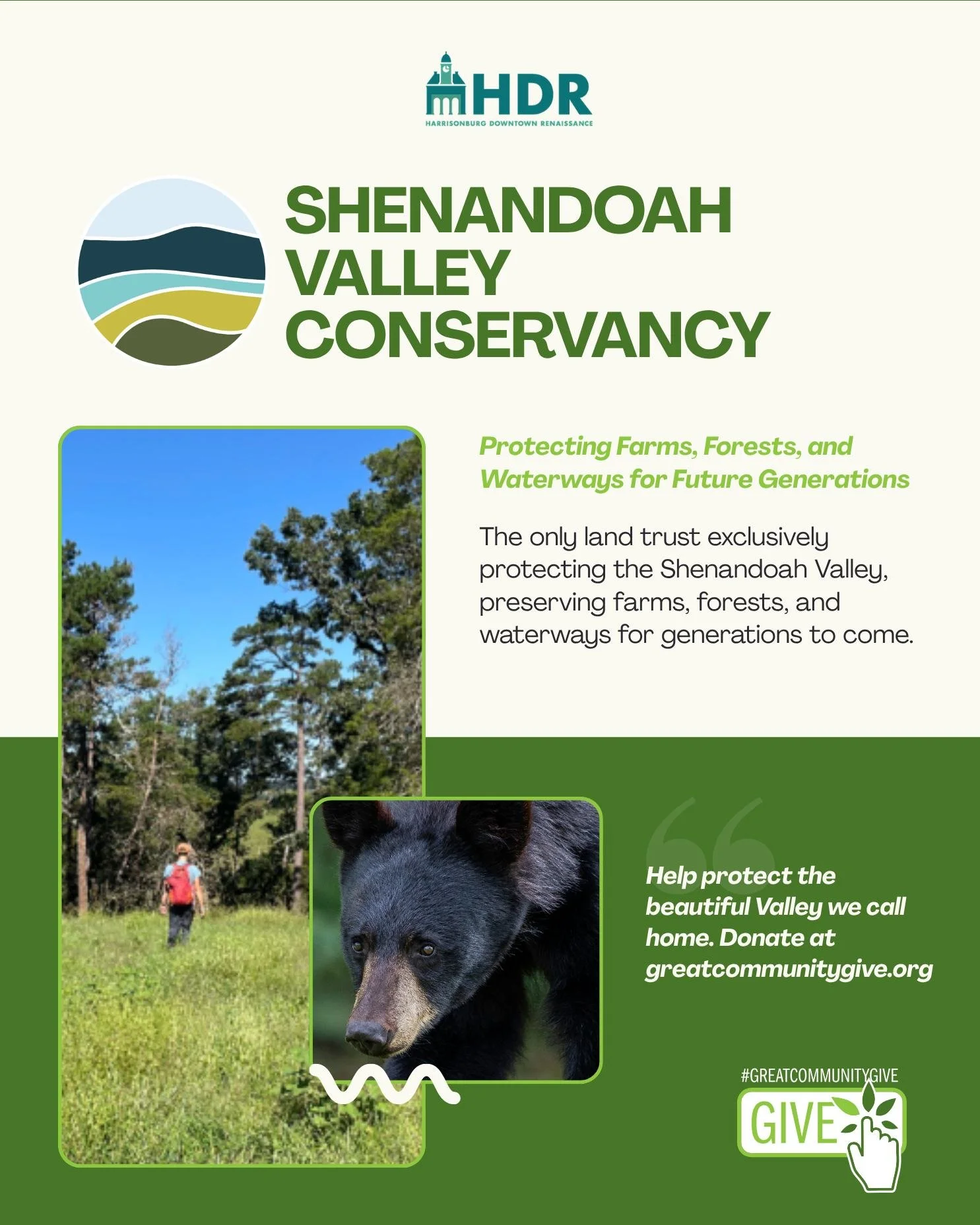 Before the day is over, we have one more nonprofit spotlight to share! 💚

Downtown Harrisonburg is the ultimate "basecamp" for outdoor adventure, but we can only enjoy the view if we protect the land! The @shenandoahvalleyconservancy  is t