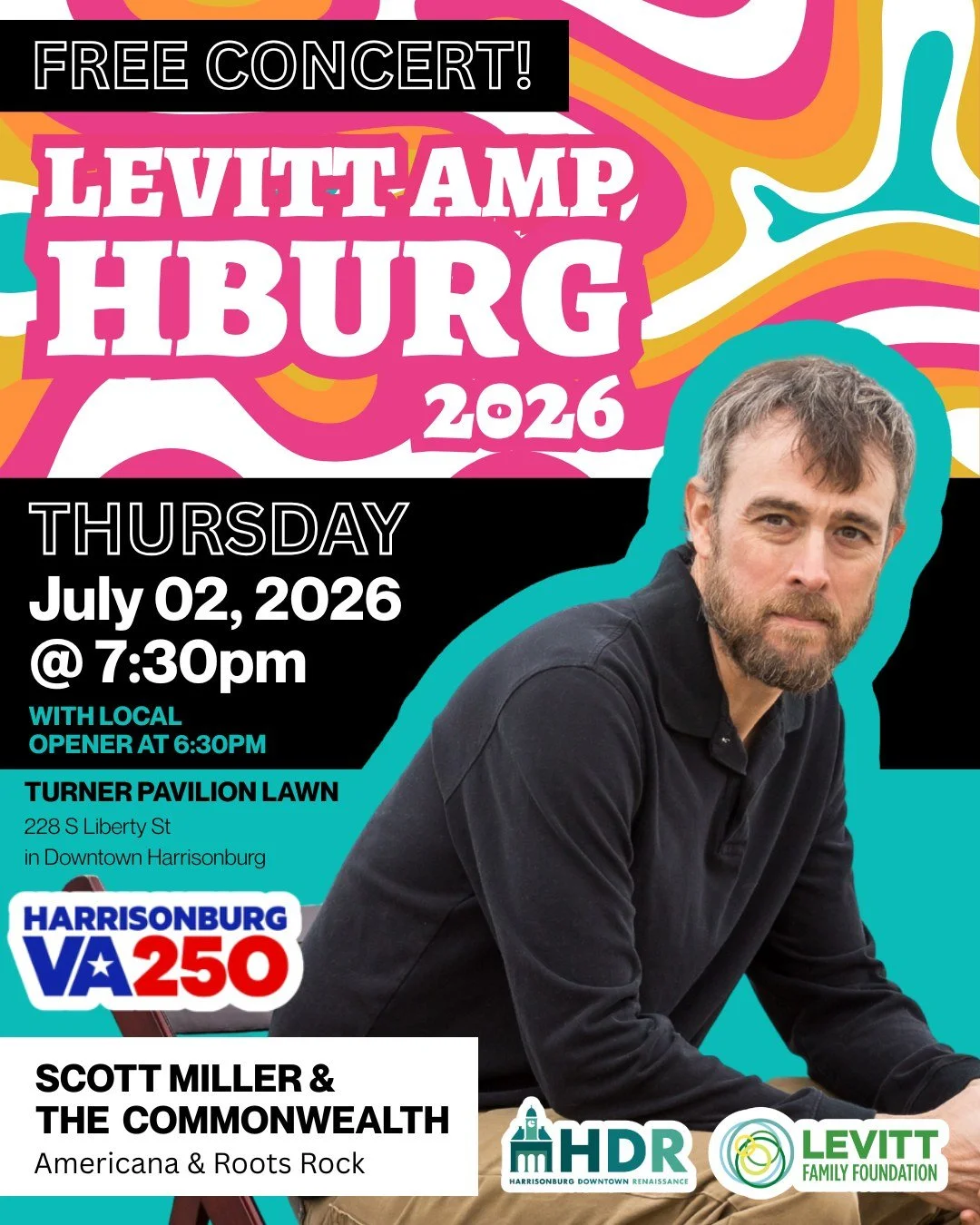 We are starting the 2026 Levitt AMP Harrisonburg Music Series with a bang (literally)! 🎆 Save Thursday, July 2, at 7:30pm on your calendars - you won't want to miss our opening show featuring @commonwealther, followed by Harrisonburg's VA250 Celebra