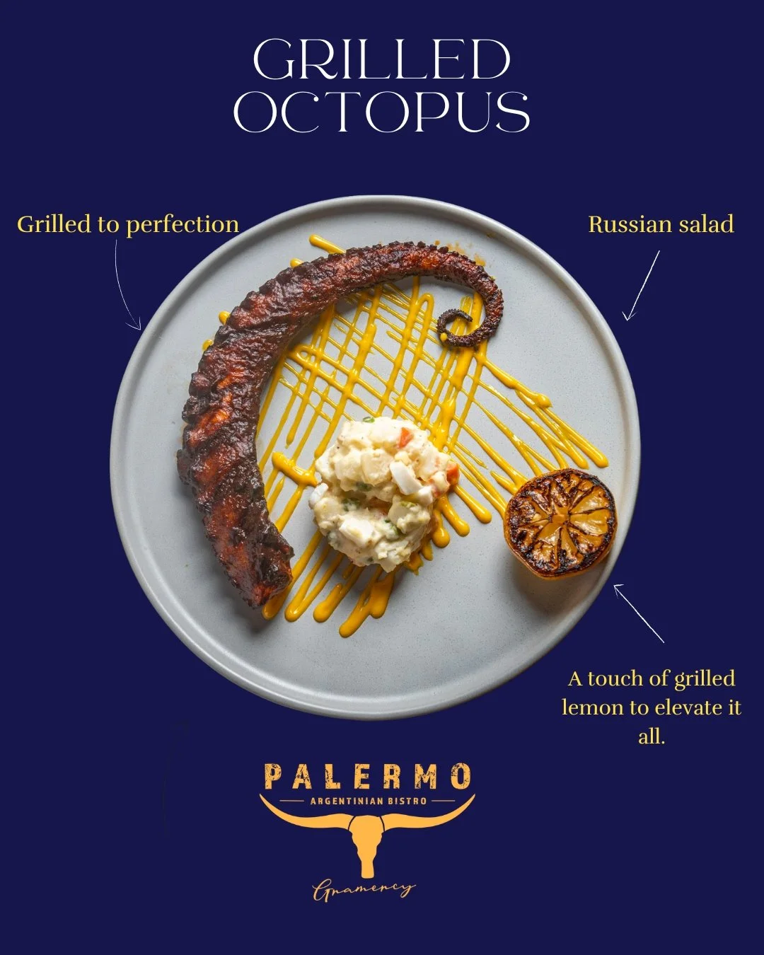 Come and savor our Grilled Octopus, served with creamy Russian salad and roasted lemon. Crafted with dedication, love, and our signature Argentinian touch&mdash;each bite is a unique experience. 🐙✨
We&rsquo;re waiting for you in the heart of Gramerc