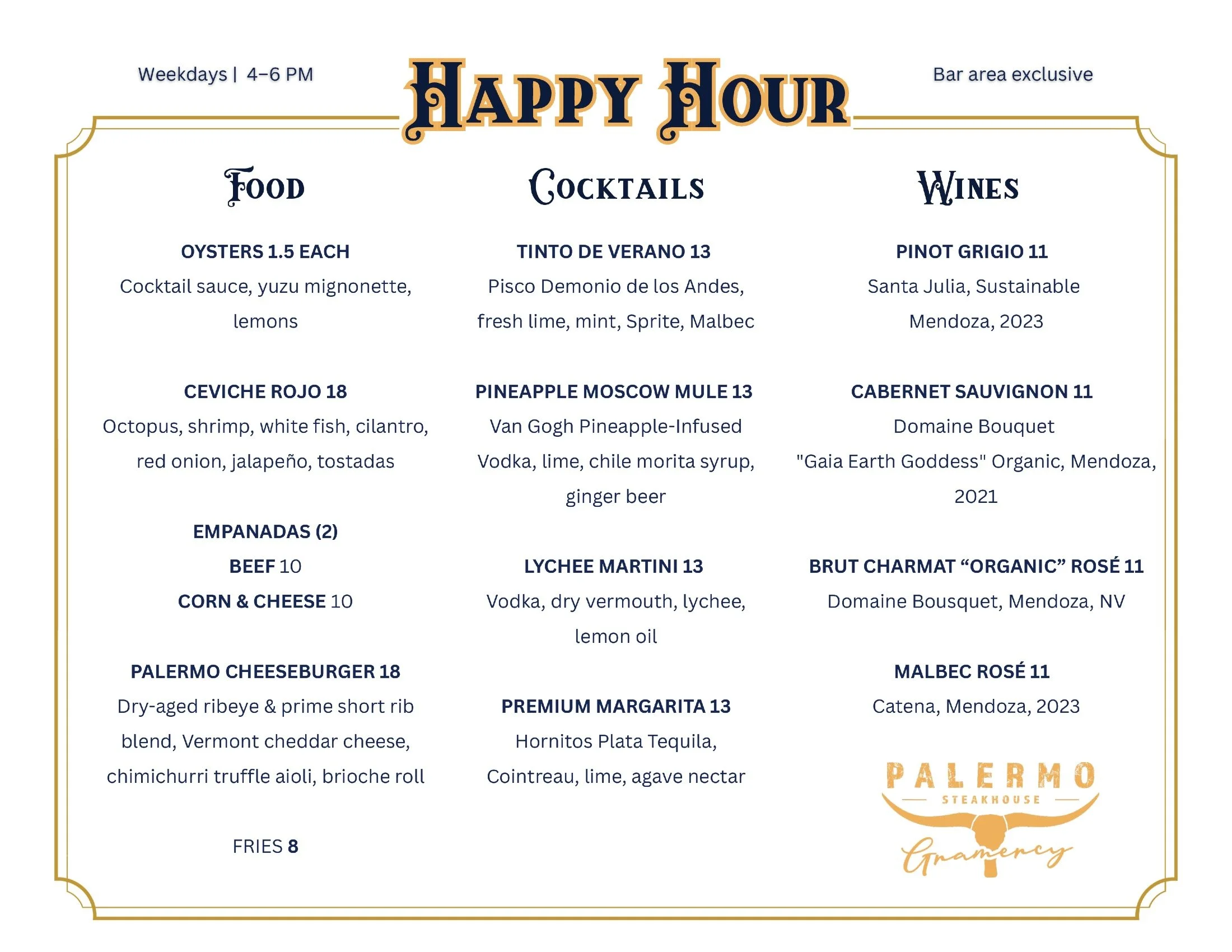 Happy Hour menu from Palermo Steakhouse, listing food, cocktails, and wine options, available weekdays 4 to 6 PM, with bar area exclusive.