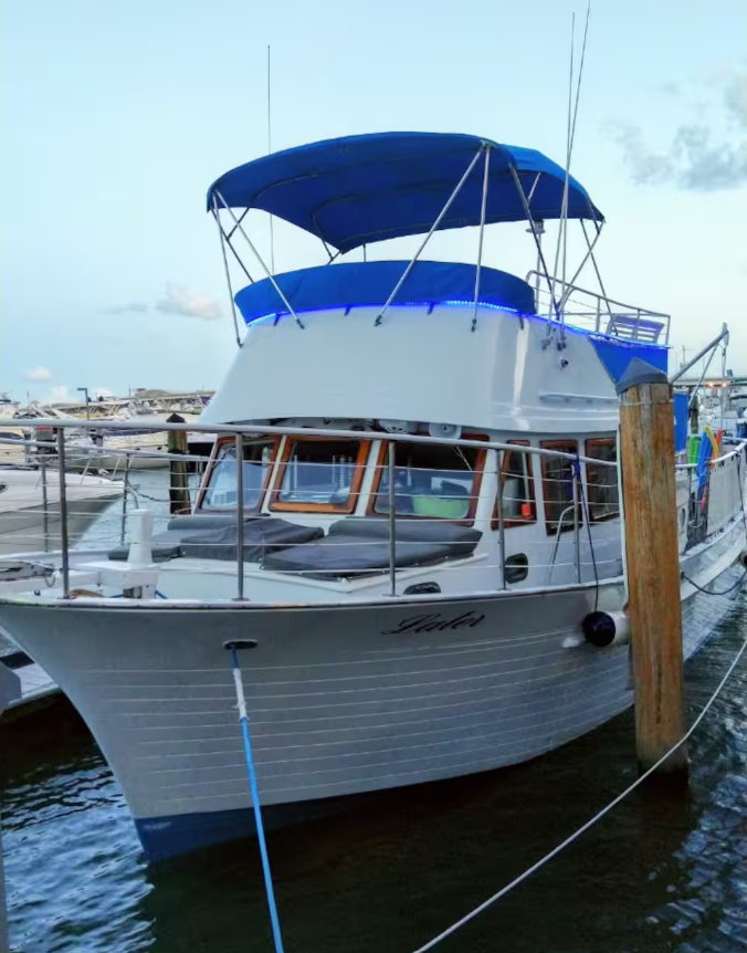 A white yacht docked at a marina with a blue canopy on top and a covered seating area at the front.