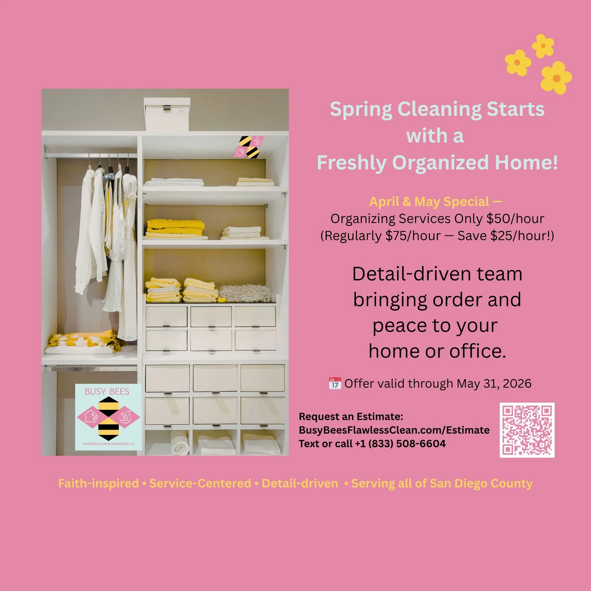 Spring Refresh Special 🌸
Ready to declutter, simplify, and breathe easier this season? Busy Bees Flawless Clean &amp; Organizing LLC is offering a limited-time Organizing Special &mdash; just $50/hour (regularly $75/hour) for all organizing services
