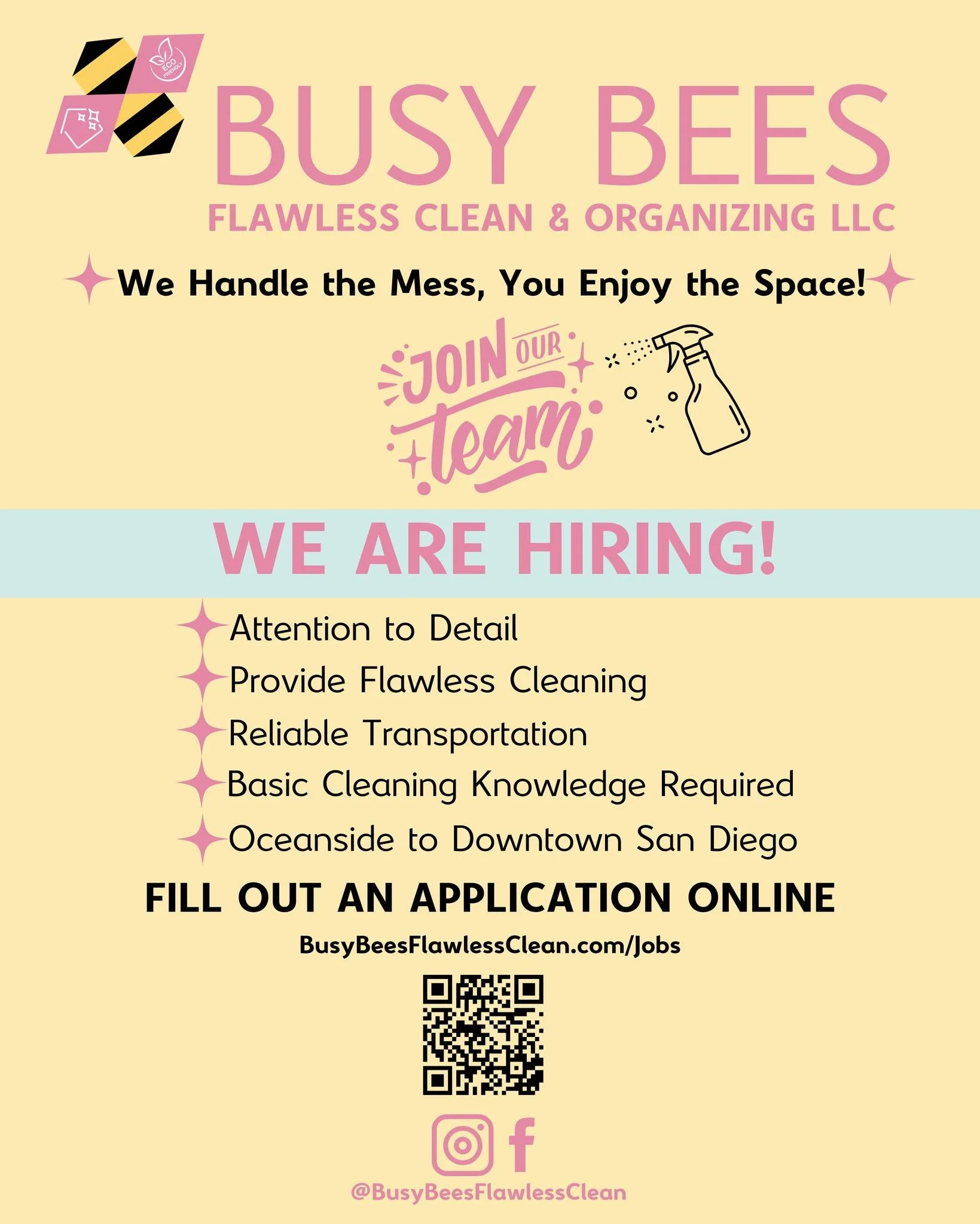 Now Hiring! 🐝

We're expanding our team and looking for reliable, detail-oriented cleaners in San Diego County. Love creating beautiful spaces? Join us!

Apply: https://www.busybeesflawlessclean.com/jobs

#NowHiring #SanDiegoJobs #CleaningCareers