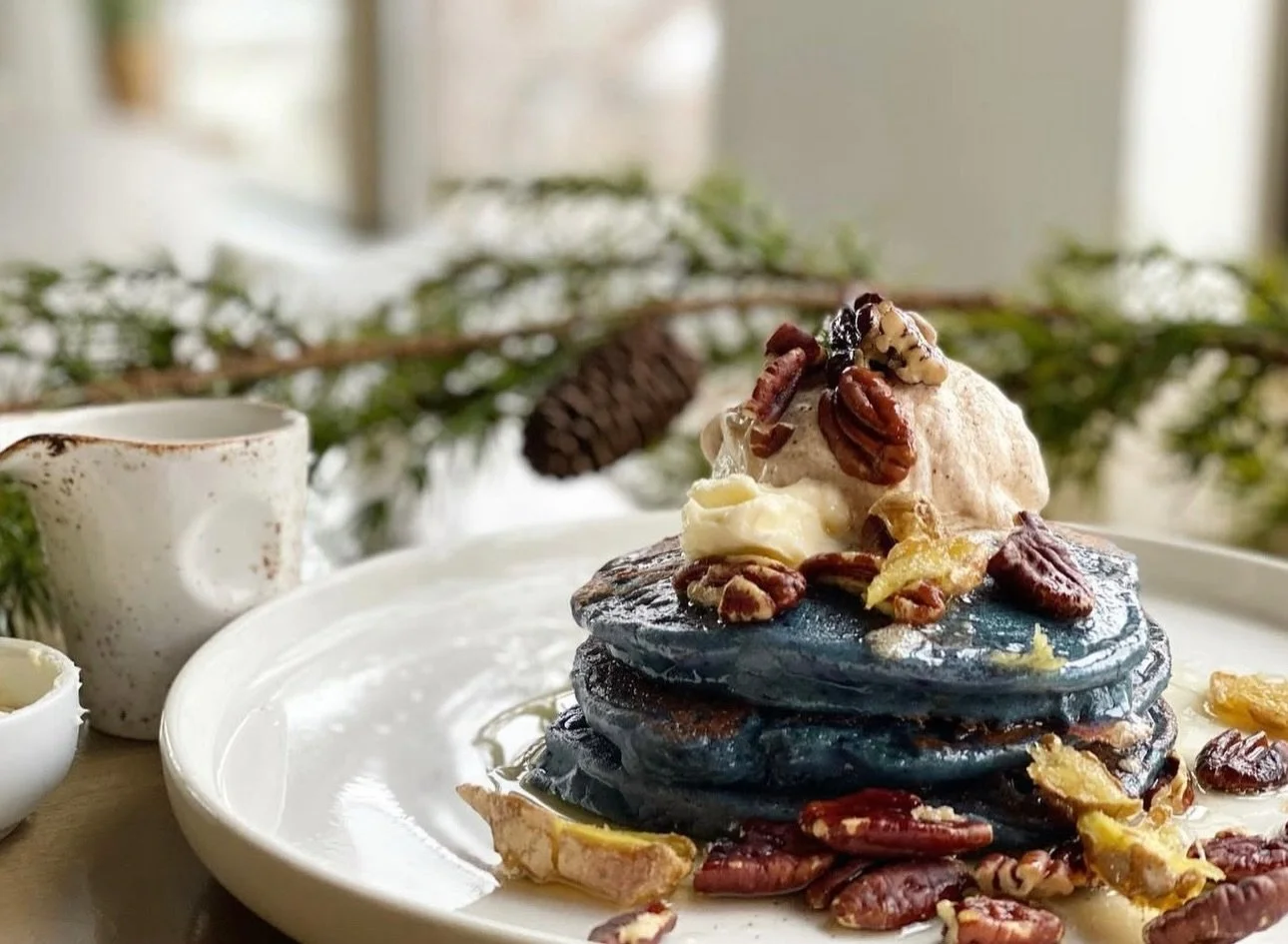JANUARY PANCAKE FEATURE: GF Ube Blueberry and Walnut served with Ginger Syrup. So light, fluffy, heavenly and nostalgic of festivities passed with a twinkle of optimistic horse-powered energy for the new year. 

To bring in the new year, come brunch 