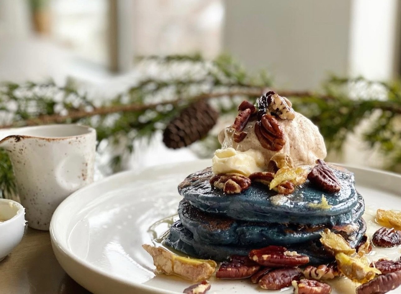 JANUARY PANCAKE FEATURE: GF Ube Blueberry and Walnut served with Ginger Syrup. So light, fluffy, heavenly and nostalgic of festivities passed with a twinkle of optimistic horse-powered energy for the new year. 

To bring in the new year, come brunch 