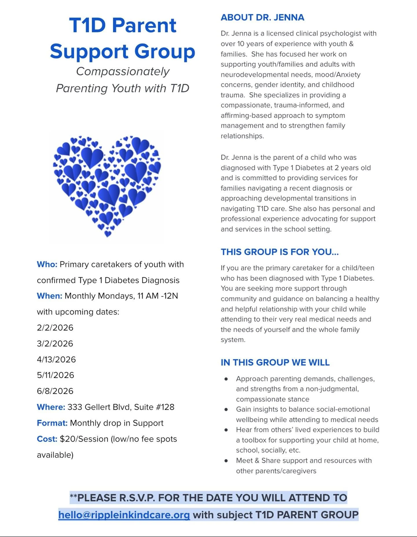 ✨New Offering ✨ We are officially launching a T1D Parent Support group starting Feb 2, 2026 💙 share the news with parents or primary caretakers of T1D youth❕&thinsp;
&thinsp;
The group will be held monthly in office from 11-12 noon. We encourage a l