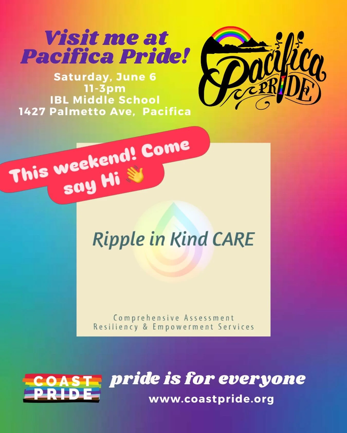 See you this Saturday at Pacifica Pride!! Swing by IBL Middle School after the car parade. There will be plenty of vendors, plus food, performers, and entertainment @coast_pride 👏🏼 Hope to see you there!