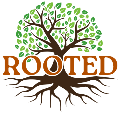 ROOTED Logo - A large oak tree with roots extending down underlining ROOTED brown text and white outline