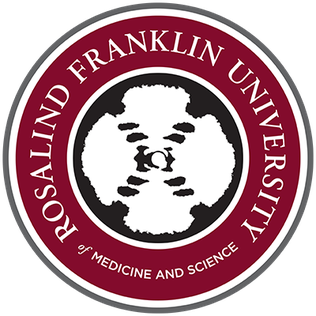 Seal of Rosalind Franklin University of Medicine and Science featuring a bear's face in black and white on a maroon background with the university name encircling it.