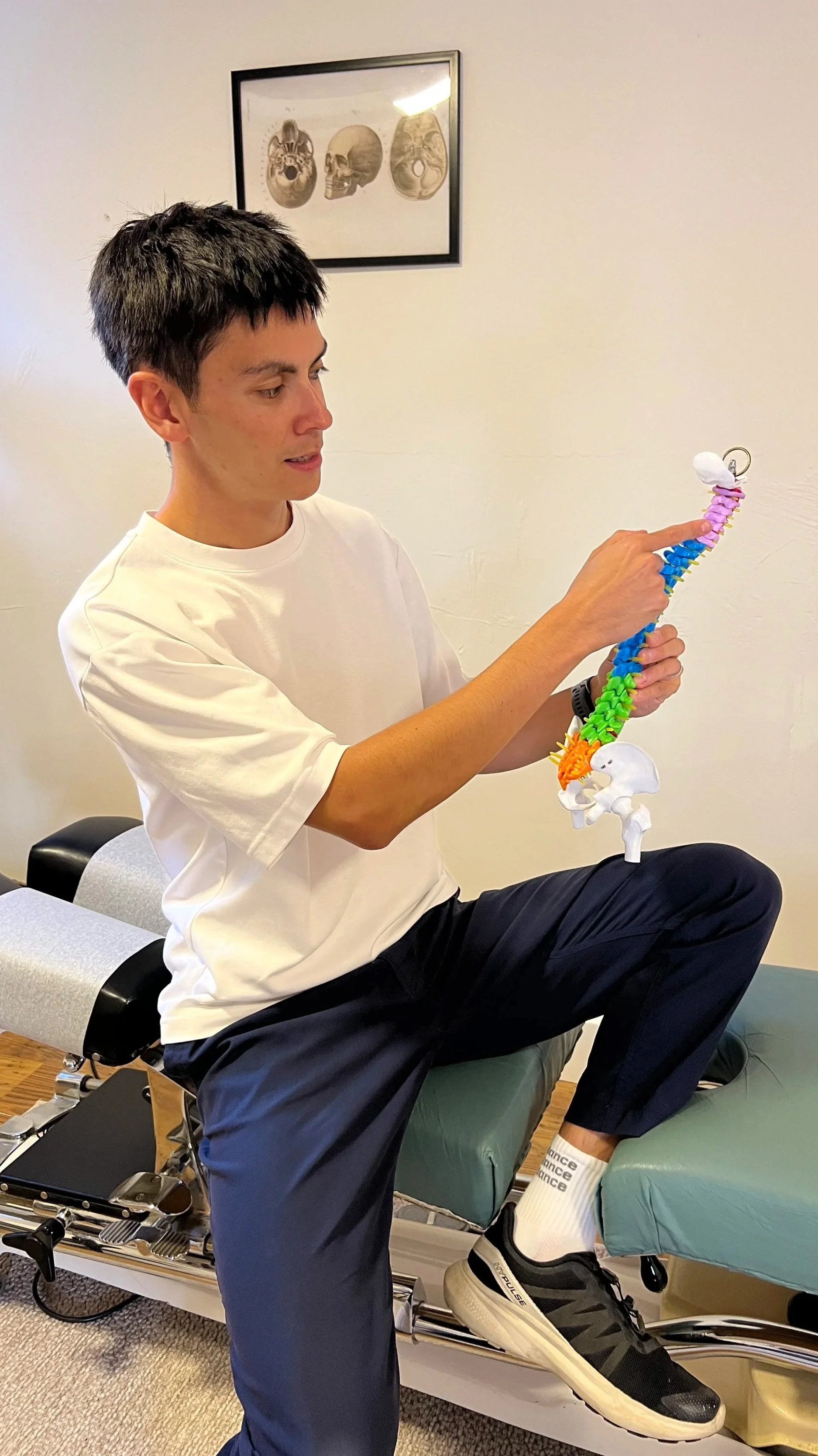 West Santisook (sole chiropractor at West Chiropractice Care), holding a colourful model of the human spine, in a chiropractic office with anatomical skull illustrations on the wall.