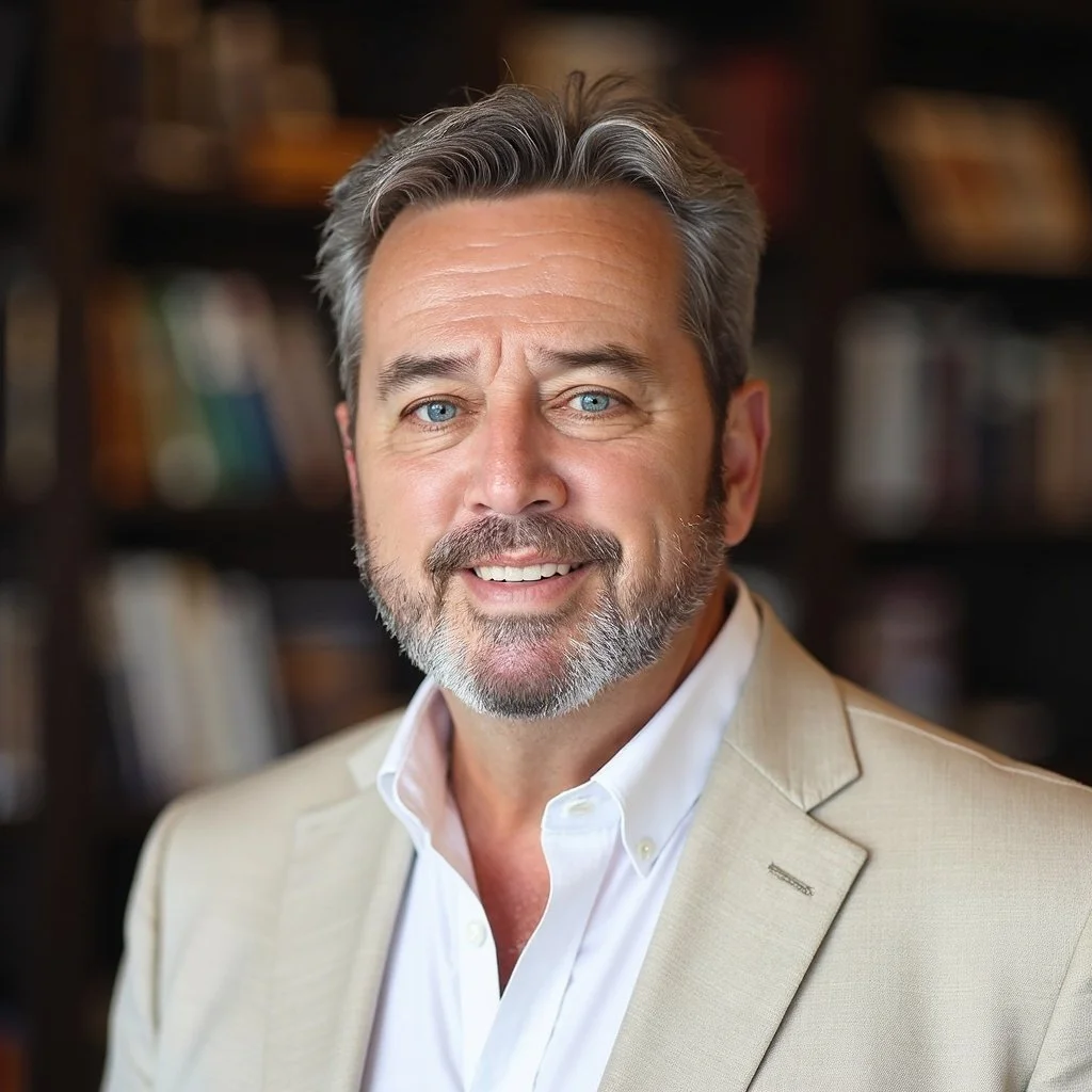 A middle-aged man with gray hair and a beard, smiling, wearing a beige blazer and white shirt, standing in front of a blurred bookshelf background.