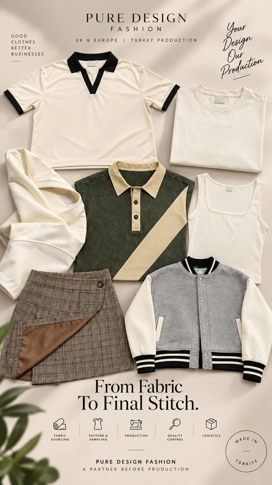 Garment development, fabric sourcing, sampling, production, quality control and logistics by Pure Design Fashion.