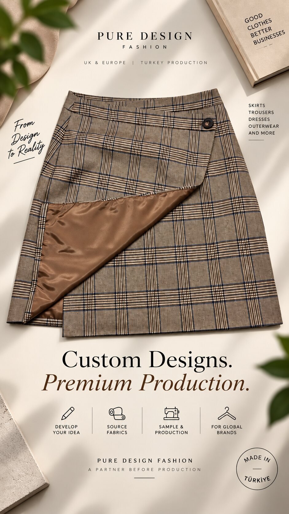 Custom checked skirt development and small-batch womenswear production by Pure Design Fashion in Turkey.