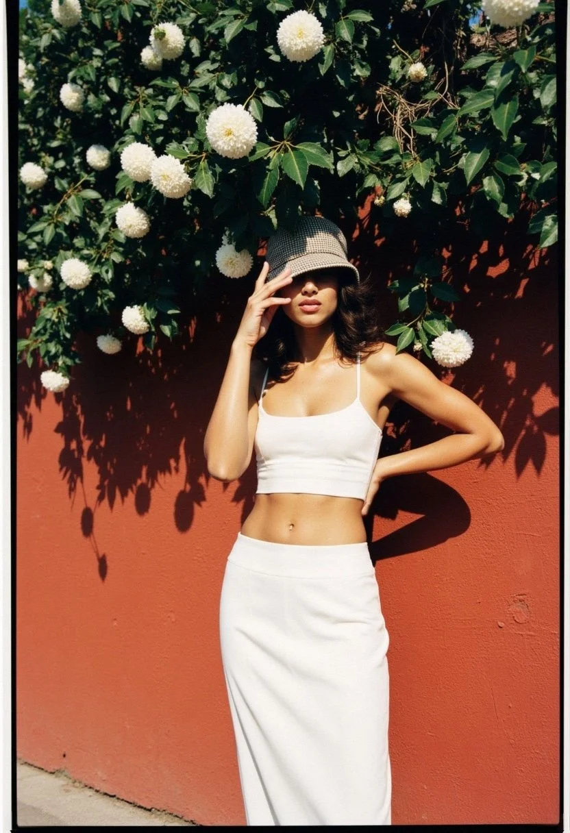 Model wearing a white camisole top and maxi skirt against a terracotta wall with white flowers.