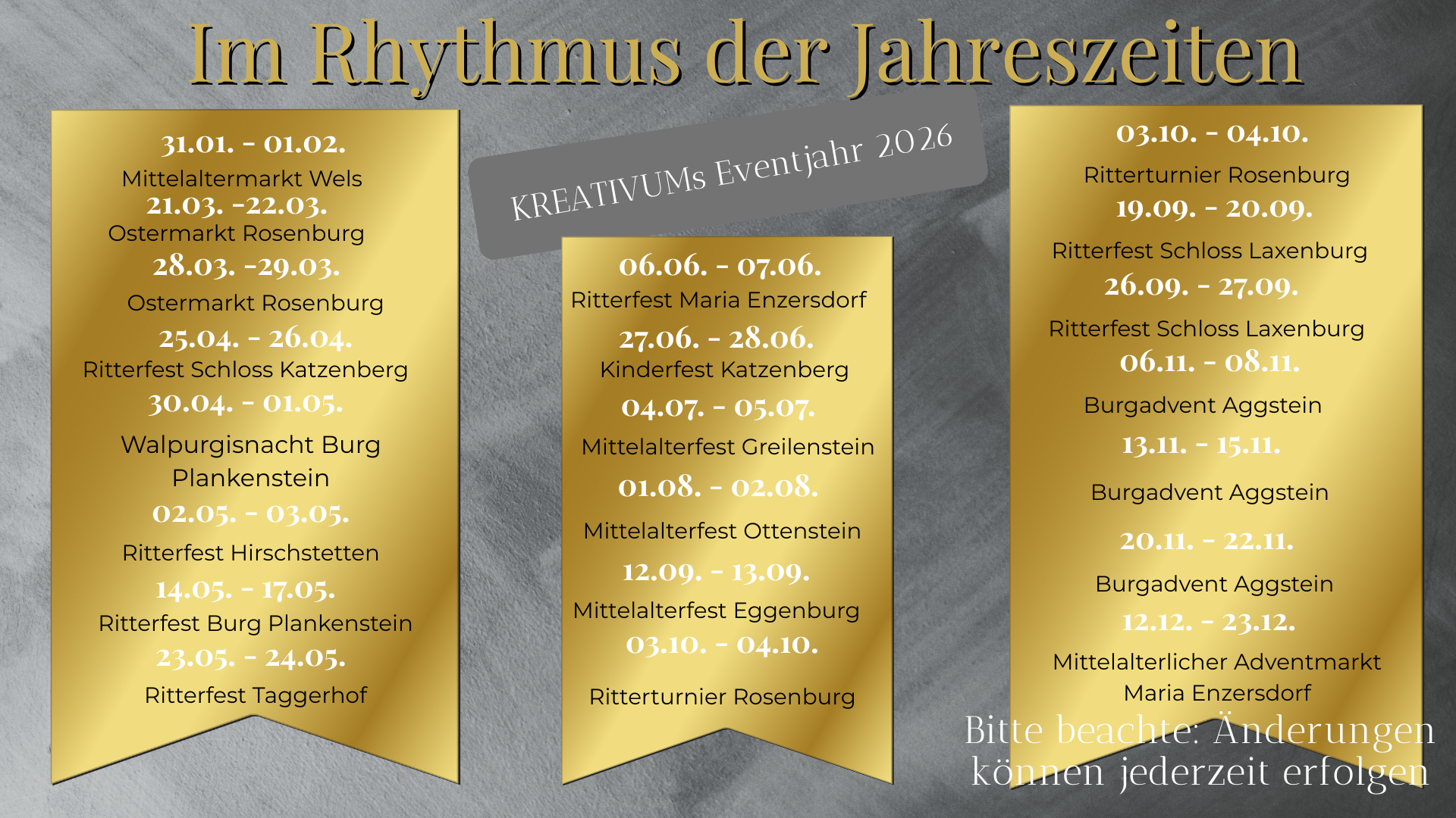 Übersicht der Termine für Veranstaltungen im Jahresrhythmus, inklusive Mittelaltermarkt, Ritterfeste, Adventmärkte, Kinderfeste und Weihnachtsmärkte, mit Oktoberfesten. Goldene Hintergründe und schwarzer Stein-Hintergrund.