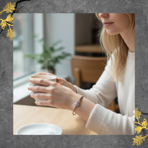 Verschiedene Ringe, häufig mit Herzmotiven, auf einem weißen Untergrund, einige auf einem Holzblock, mit roten Rosen im Hintergrund.