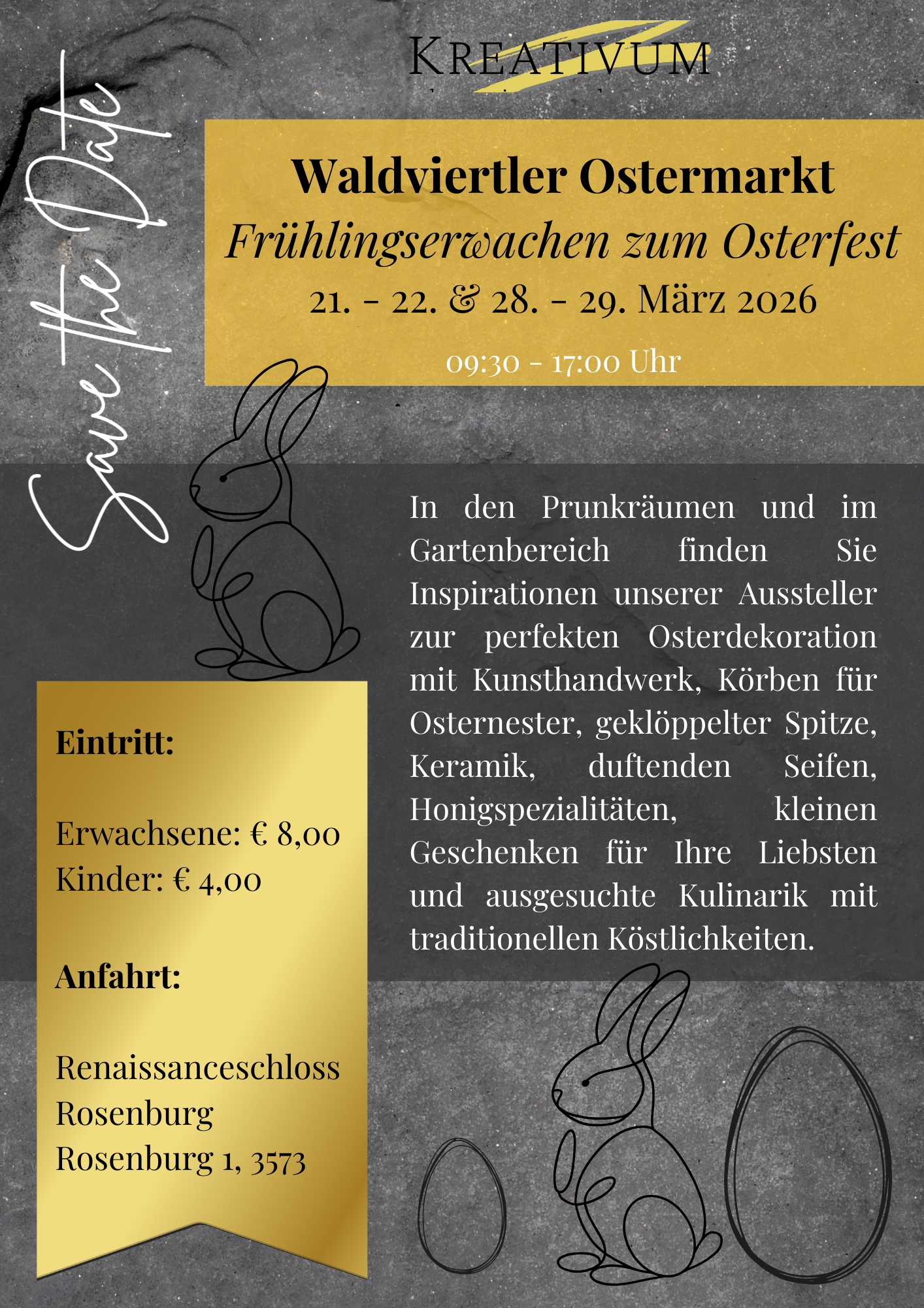 Veranstaltungsplakat für den Waldviertler Ostermarkt im Frühling, vom 21. bis 22. und 28. bis 29. März 2026, mit handgezeichneten Osterhasen und Ostereiern auf dunklem Hintergrund.