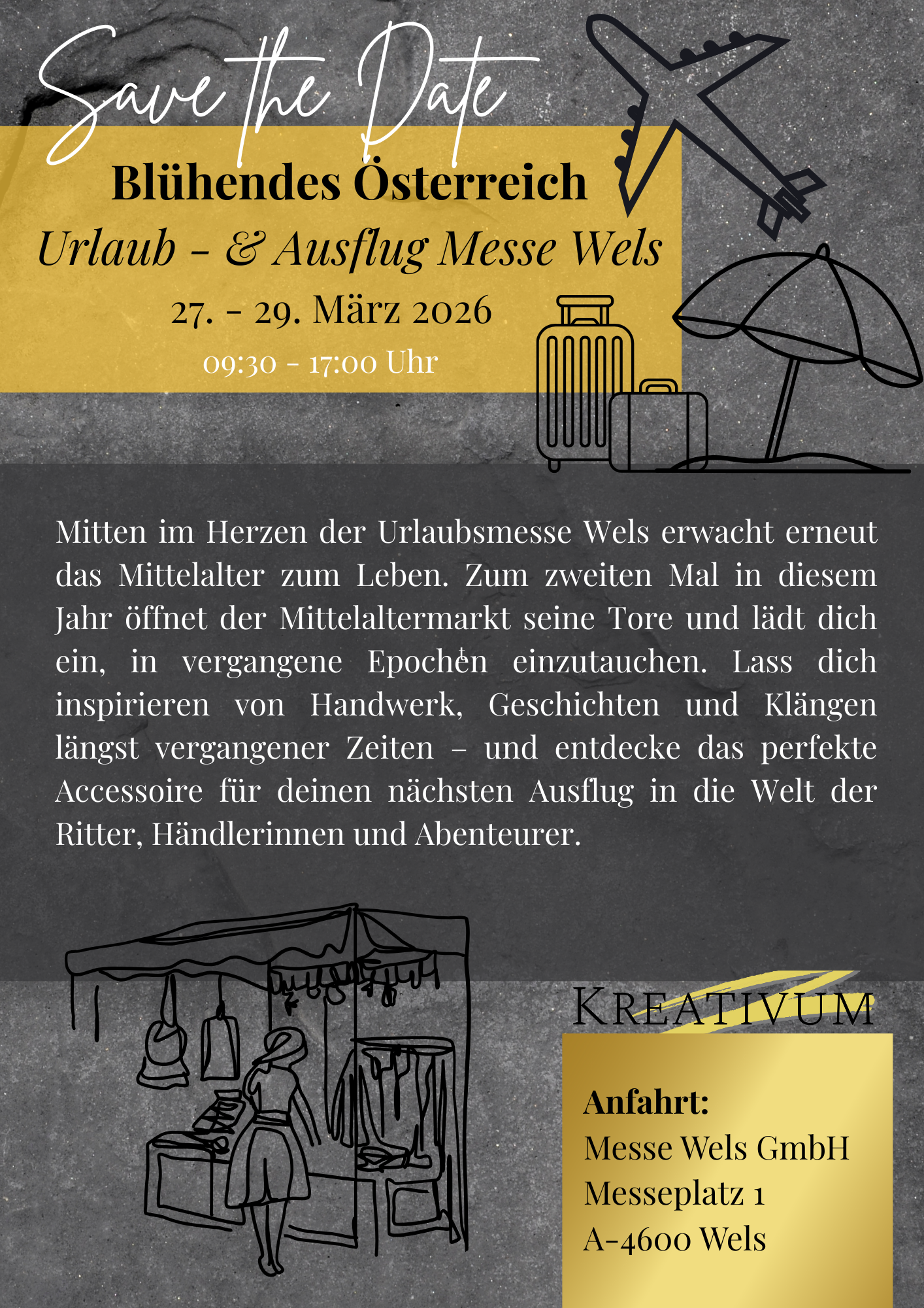 Einladung zum Event 'Blühendes Österreich' vom 27. bis 29. März 2026, mit Details zu Ort, Zeiten und Anfahrt, gestaltet mit Illustrationen von Koffern, einem Flugzeug, einem Sonnenschirm und einem Marktstand.