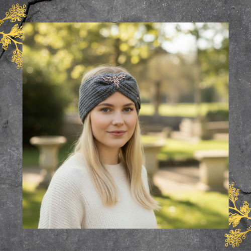 Ein goldener Kopf mit einer grauen, handgefertigten Haarschleife oder Stirnband aus Wolle, auf einem metallischen Ständer, mit goldenen Dekorationen an den Ecken. Text: "Hand Crafted" und "KREATIVUM".