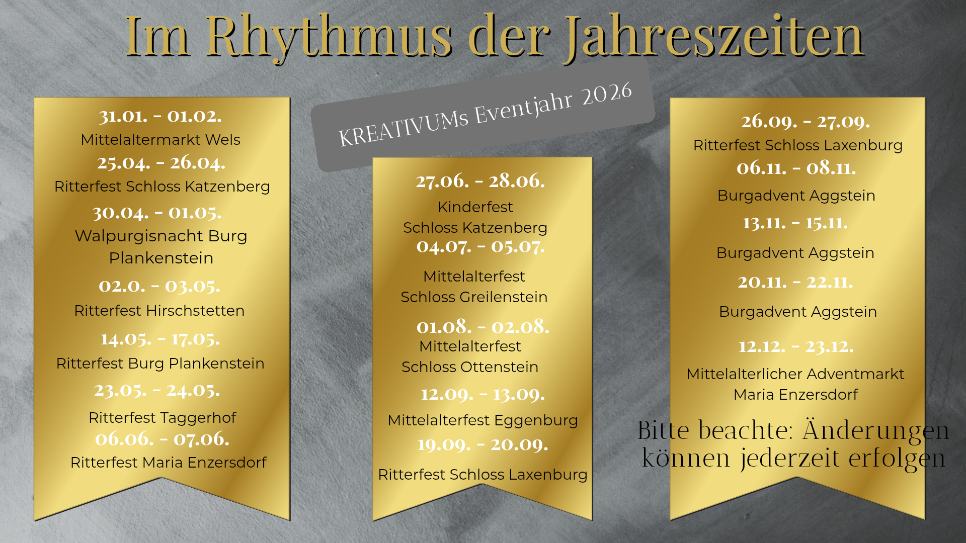 Jahreszeitliche Veranstaltungsplanung mit Terminen für Mittelaltermärkte, Ritterfeste, Kinderfeste und Adventmärkte in verschiedenen Schlössern zwischen Januar und Dezember 2026, mit Hinweis auf mögliche Änderungen.