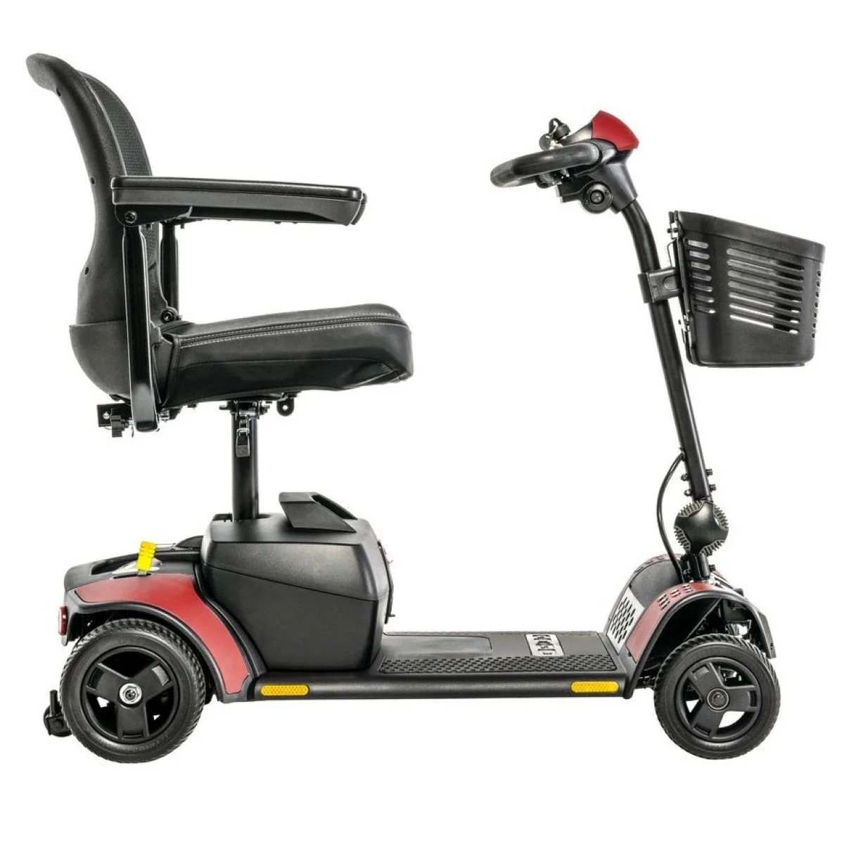 Red mobility scooter with a black basket on a white background