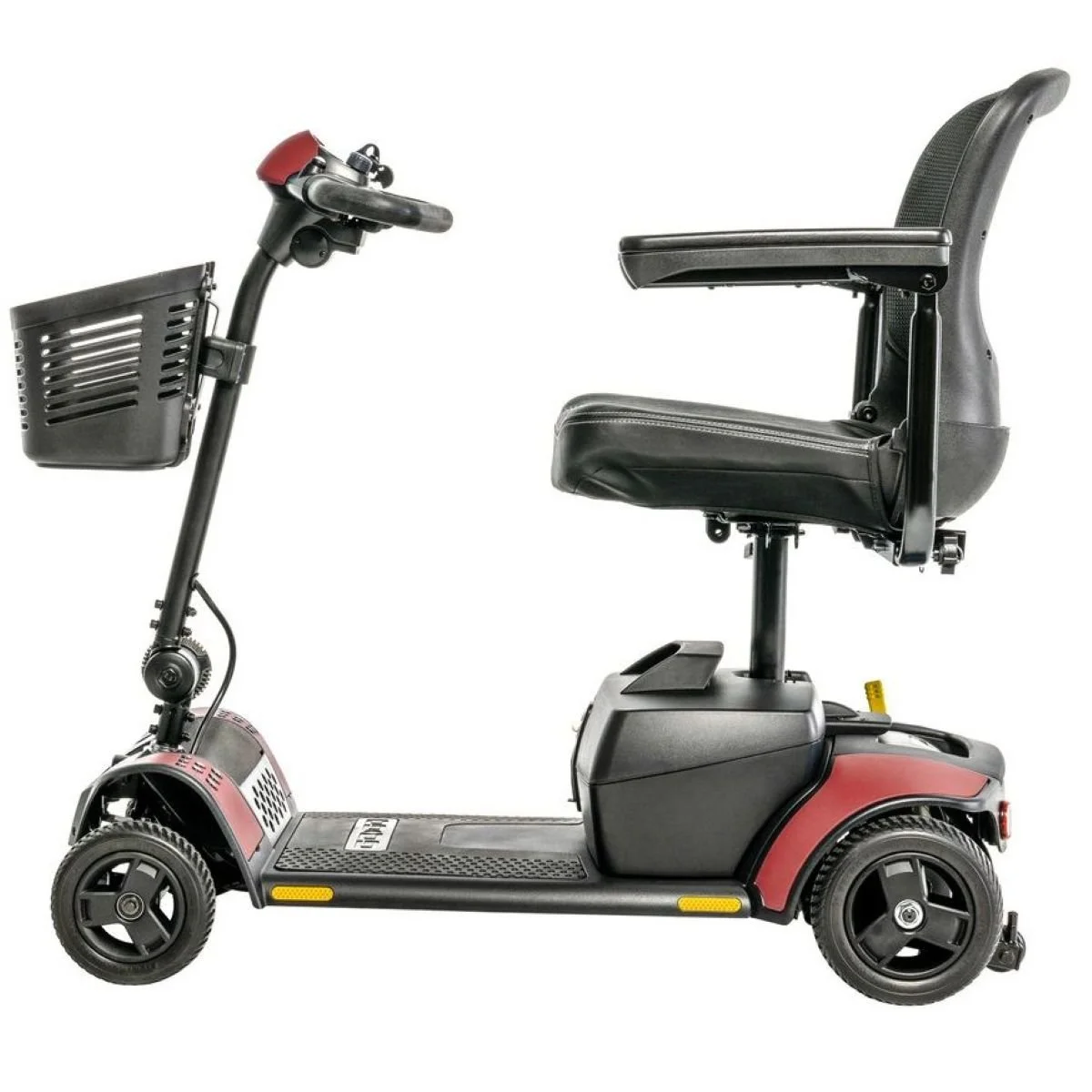 Red mobility scooter sitting in front of a white background
