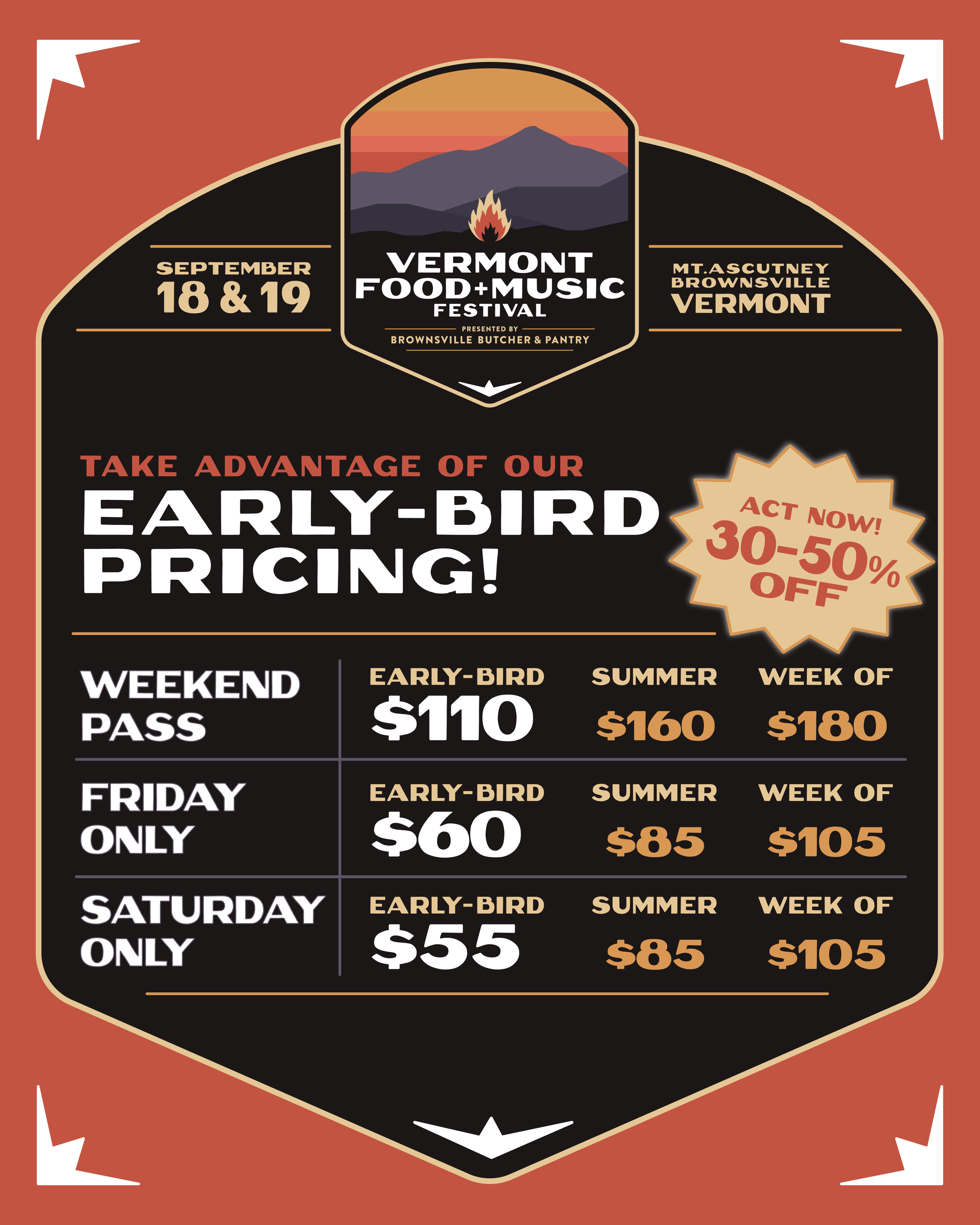 Event poster for the Vermont Food + Music Festival held in Vermont on September 18 and 19 at Mt. Ascutney Brownsville. The poster advertises early-bird ticket discounts, with prices for weekend passes, Friday only, and Saturday only tickets.