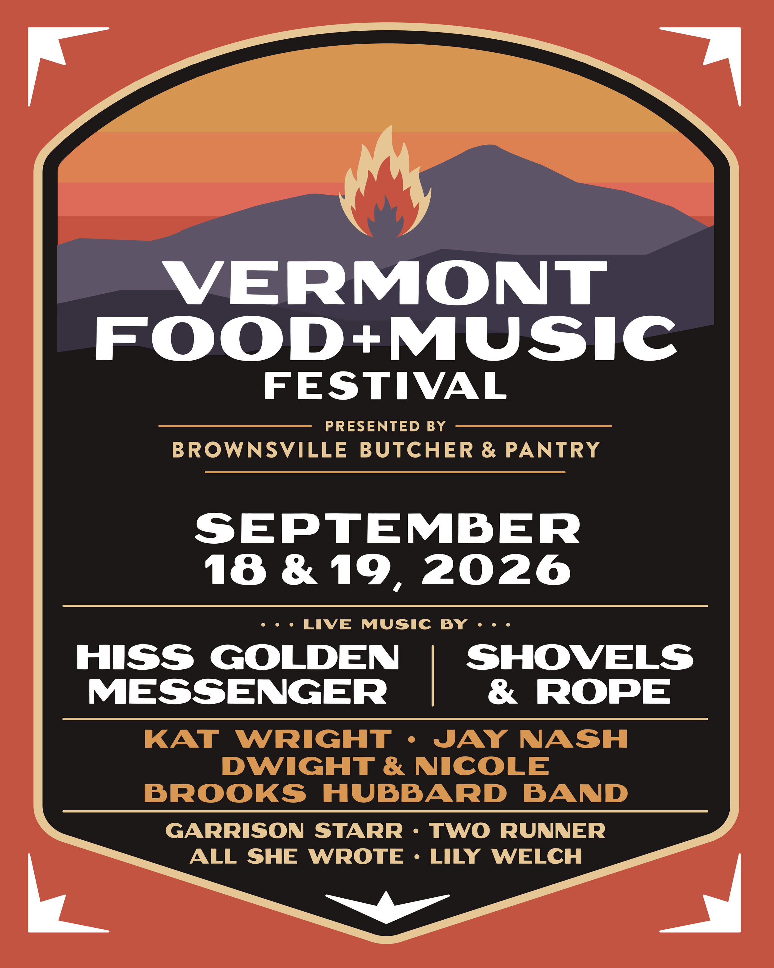 Vermont Food and Music Festival poster featuring a mountain and fire illustration, event dates September 18 and 19, 2026, with lineup of live bands and performers.