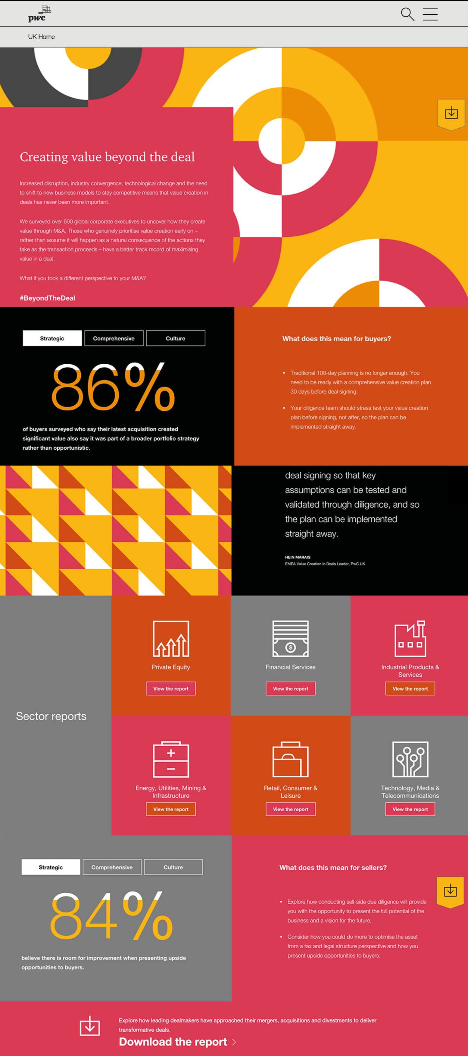 Digital infographic from PwC discussing values creation in mergers and acquisitions, including statistics on buyer and seller perspectives, with colorful geometric patterns and sections with report links.
