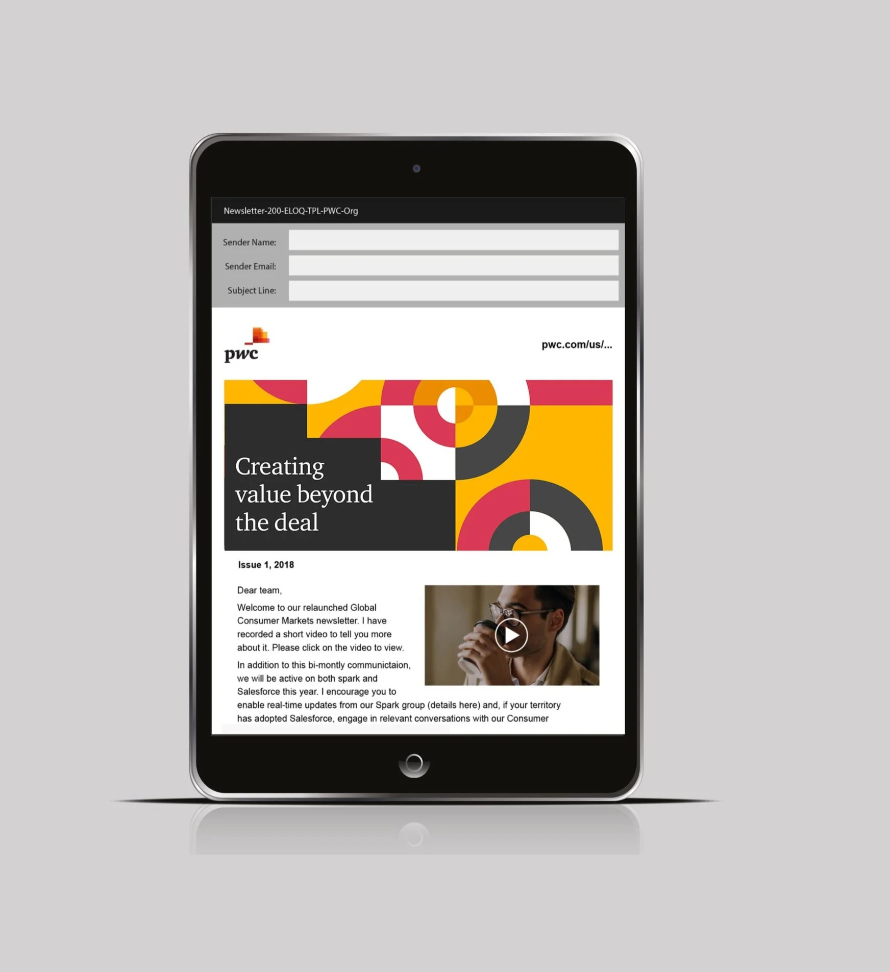 Digital tablet displaying an email newsletter with the title 'Creating value beyond the deal' from PwC, featuring colorful abstract graphics and a video thumbnail of a man with sunglasses.