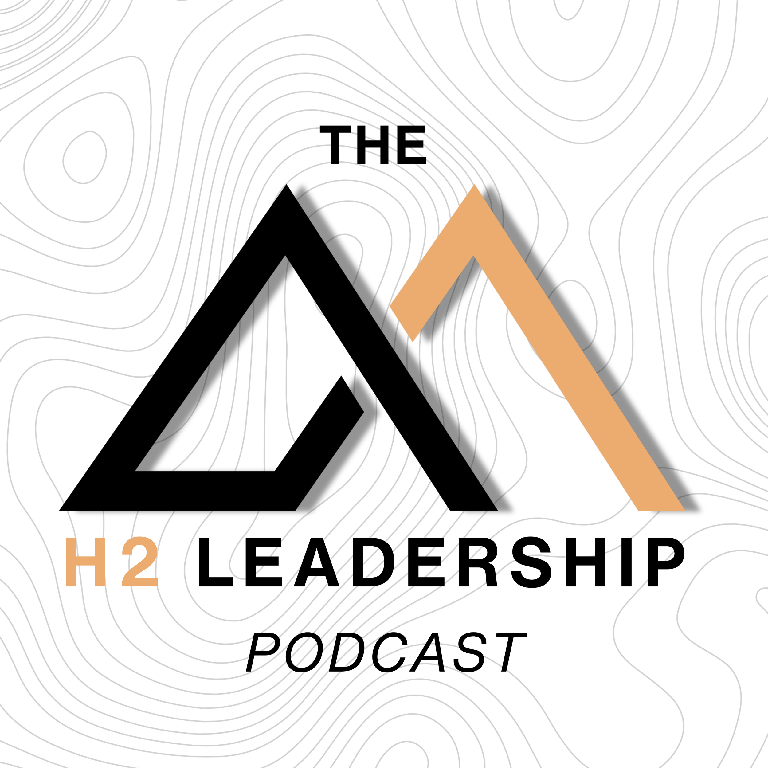 Logo for 'The H2 Leadership Podcast' featuring two stylized mountain peaks in black and tan, set against a white background with contour lines.