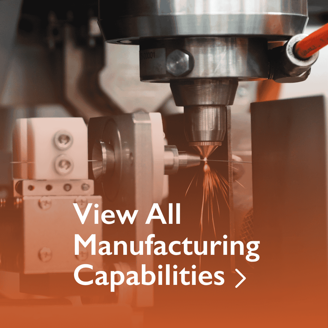 A close-up of a CNC machine cutting metal with sparks flying, promoting manufacturing capabilities.