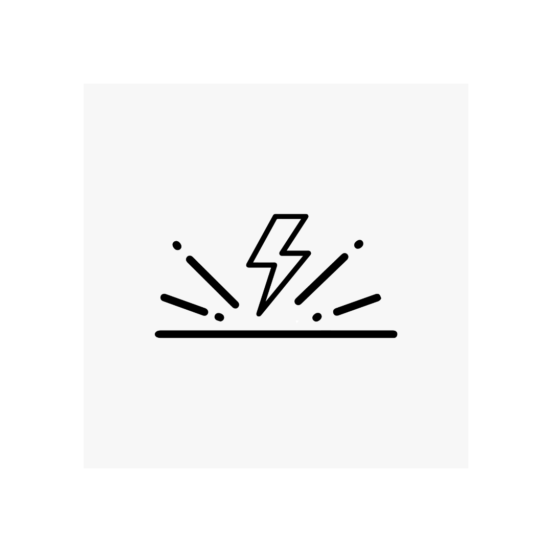 Black lightning bolt icon with lines and dots radiating outward on a white square background with a black border.