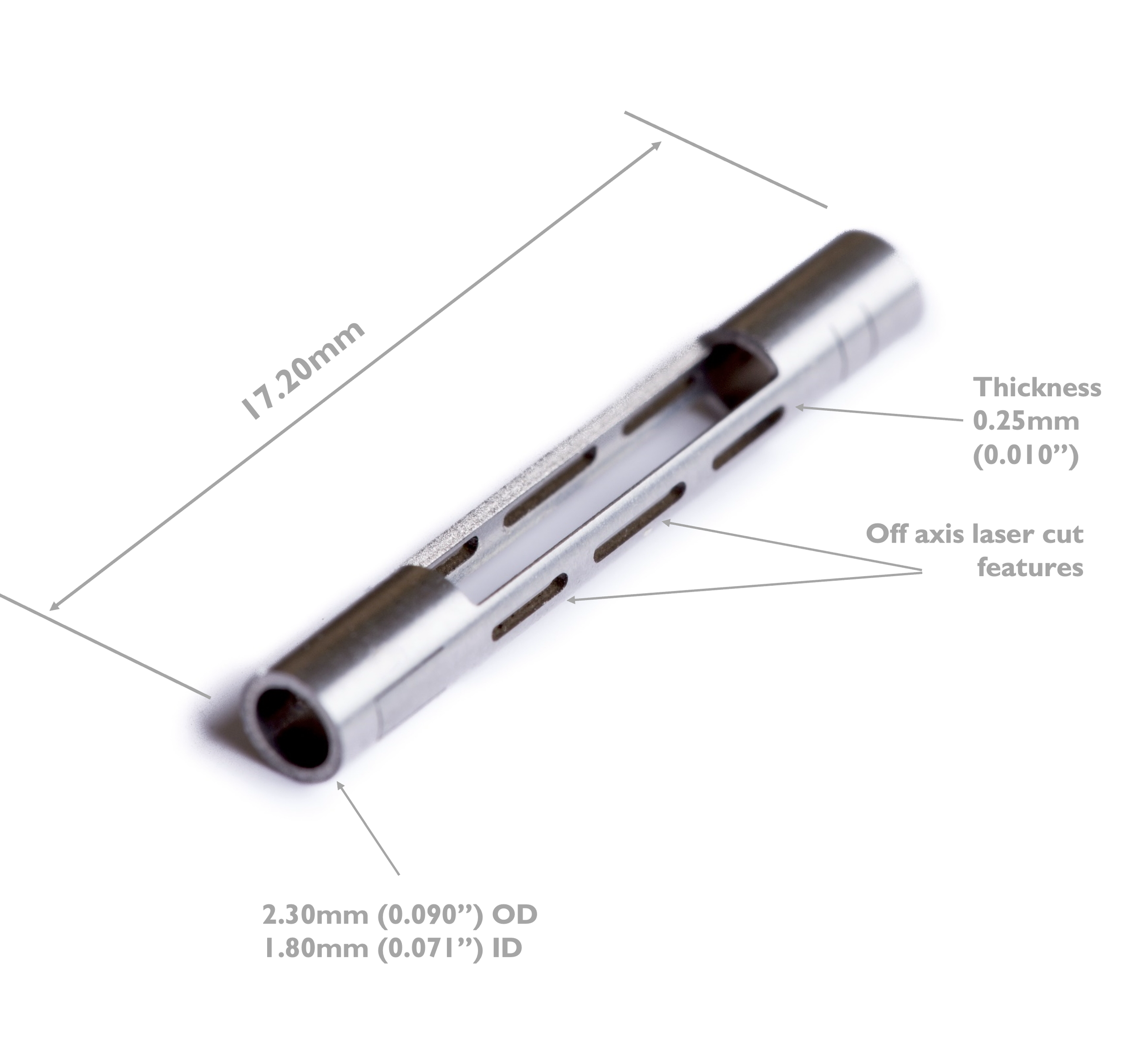Precision laser-cut tubular medical component with detailed slots and dimensional specifications.