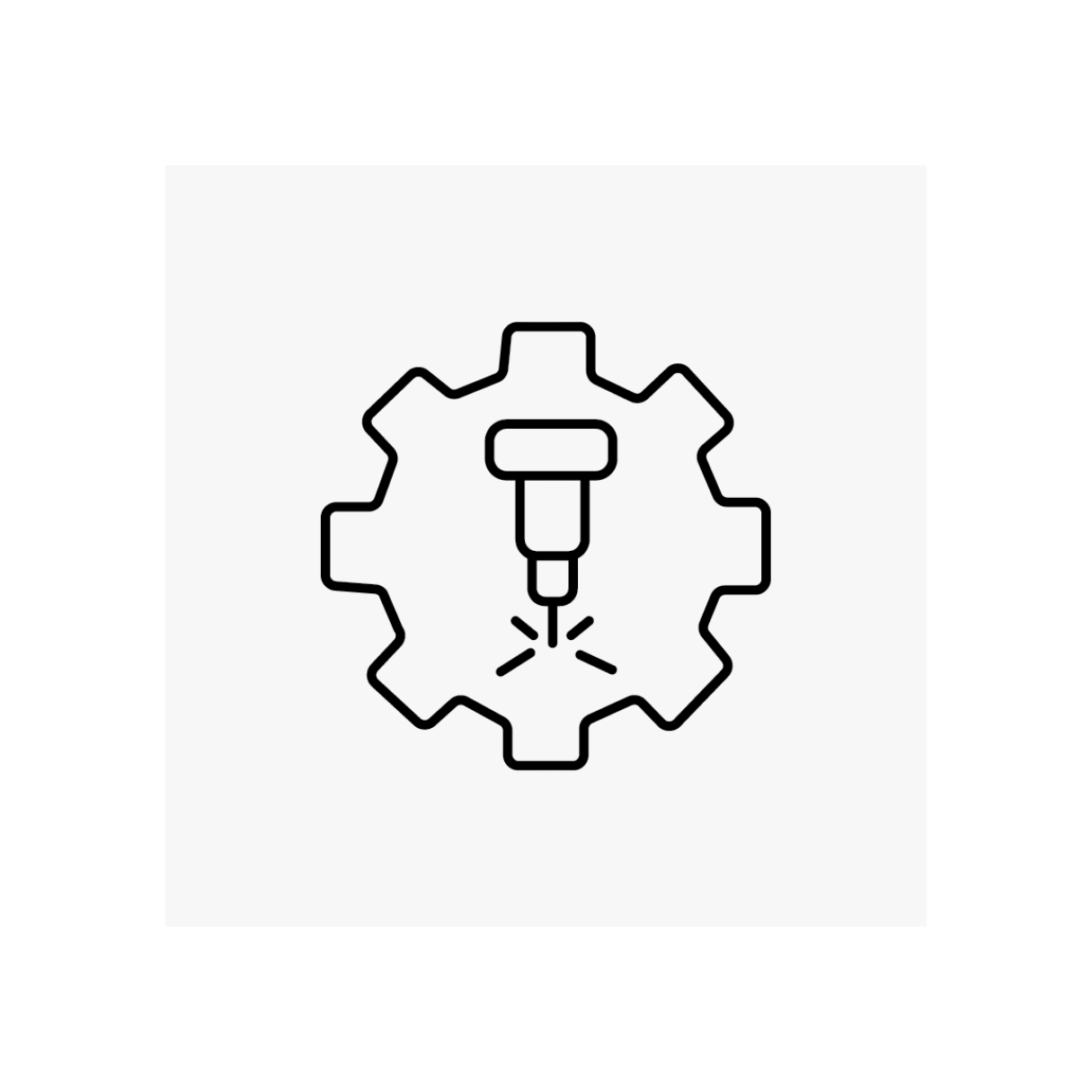 Line drawing of a gear with a laser cutting tool in the center, representing industrial laser cutting technology.