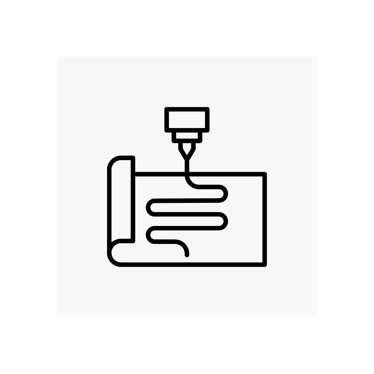 Line drawing of a 3D printer nozzle printing a layered object on a flat surface with a rolled edge.