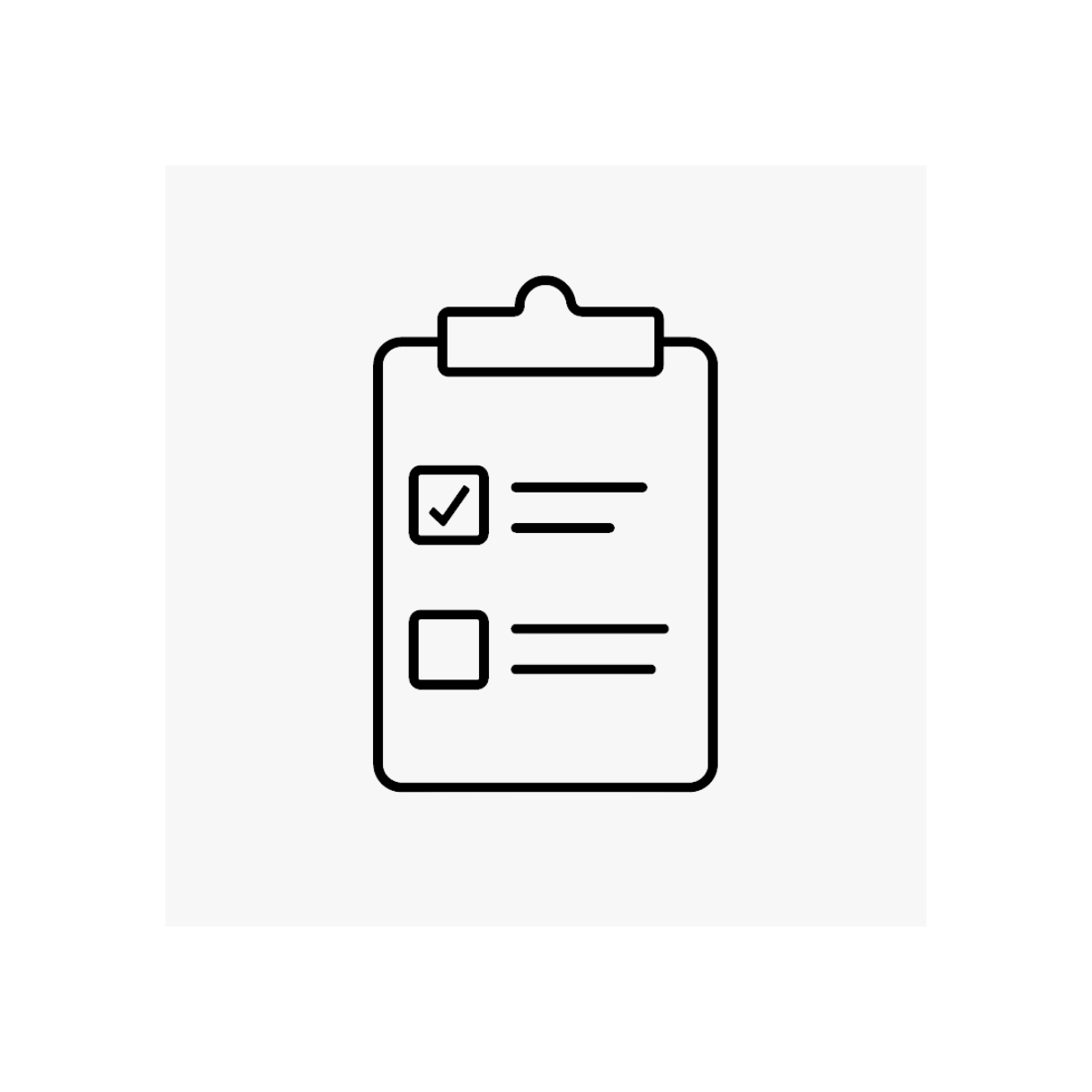 Black and white icon of a clipboard with a checklist, one box checked and one box unchecked.