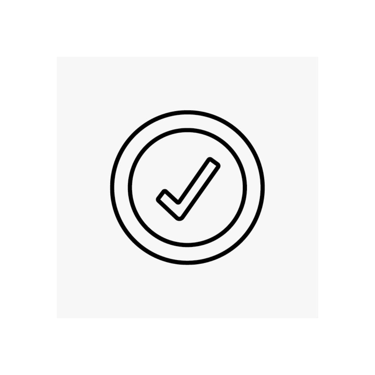 Black checkmark inside a circle on a white background, centered within a black square border.