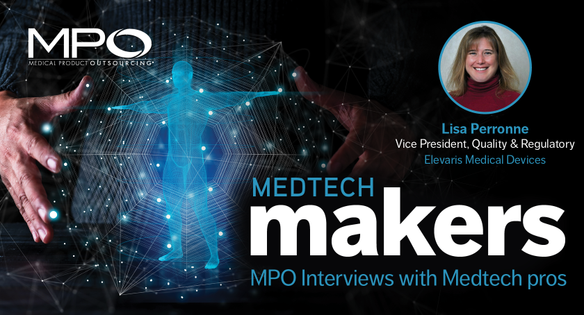 Graphic for MPO’s “Medtech Makers” interview series featuring Lisa Perronne of Elevaris Medical Devices with futuristic digital medical imagery.