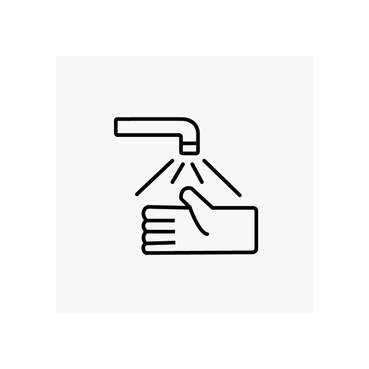 Line drawing of a hand under running water from a faucet, representing the act of washing hands.