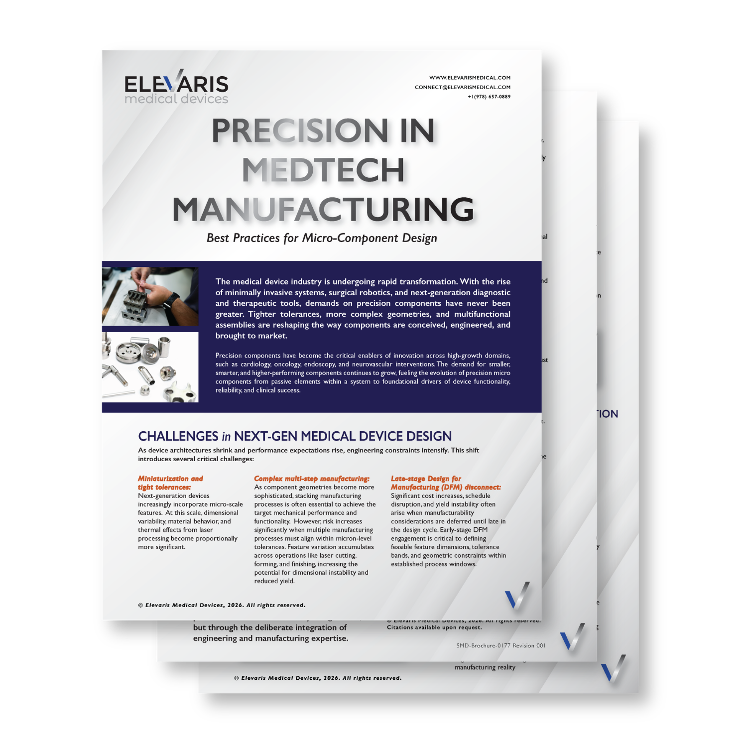 Brochure titled 'Precision in MedTech Manufacturing' discussing best practices and challenges in medical device micro-component design, with images of small medical components and a person handling device parts.