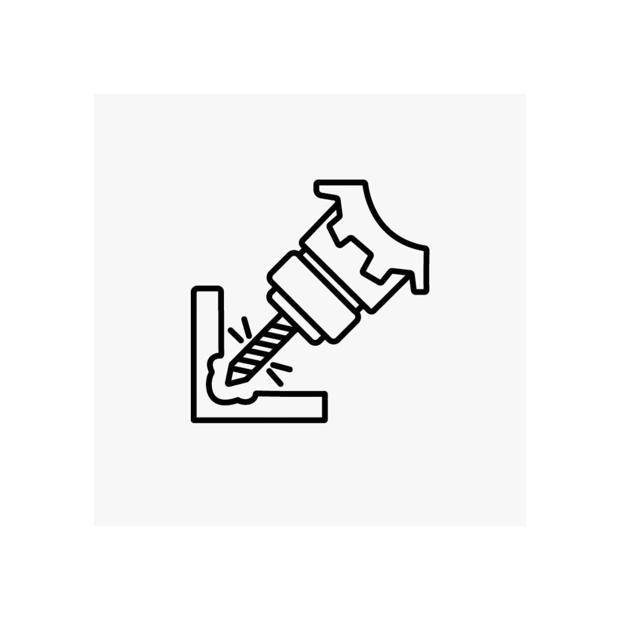 Line drawing of a power drill making a hole near the corner of an L-shaped object.