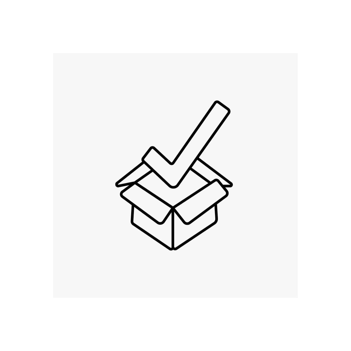 A checkmark is placed above an open box, depicted with simple black line art on a white background.