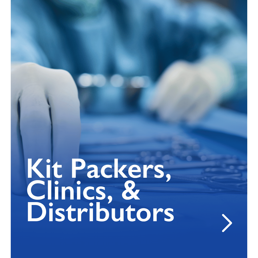 Gloved hands arranging surgical instruments on a tray, with text.