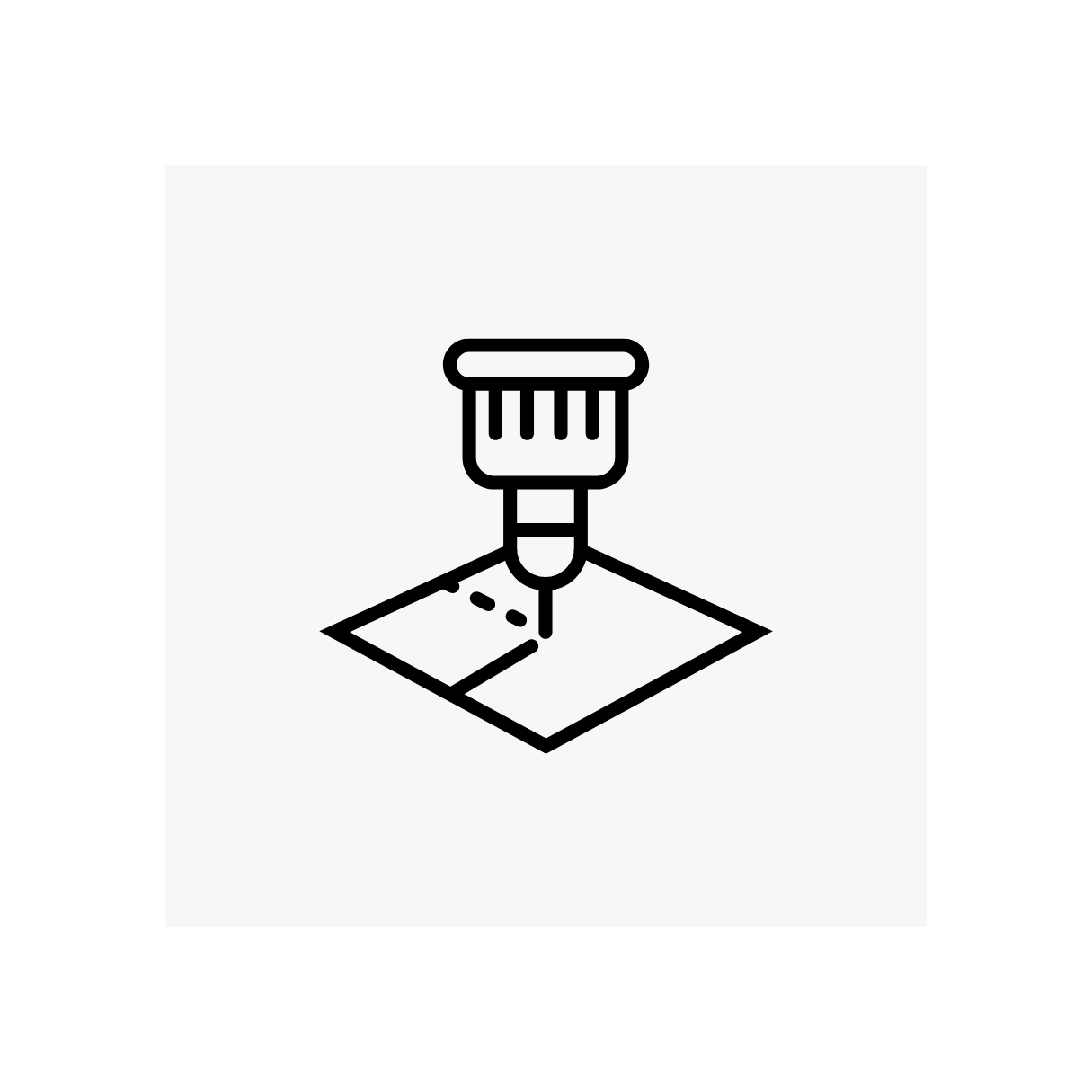Black and white icon of a CNC machine head engraving or cutting a flat rectangular material.