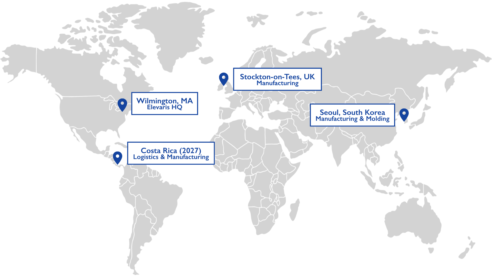 World map highlighting locations of manufacturing and logistics facilities: Wilmington, Massachusetts; Stockton-on-Tees, UK; Seoul, South Korea; and Costa Rica with a note indicating planned opening in 2027.