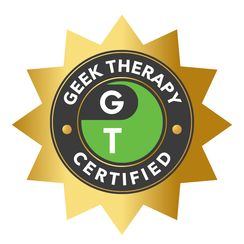 Geek Therapy Certified badge—highlighting Ariel Landrum’s specialized training in integrating fandom and pop culture into mental health care.