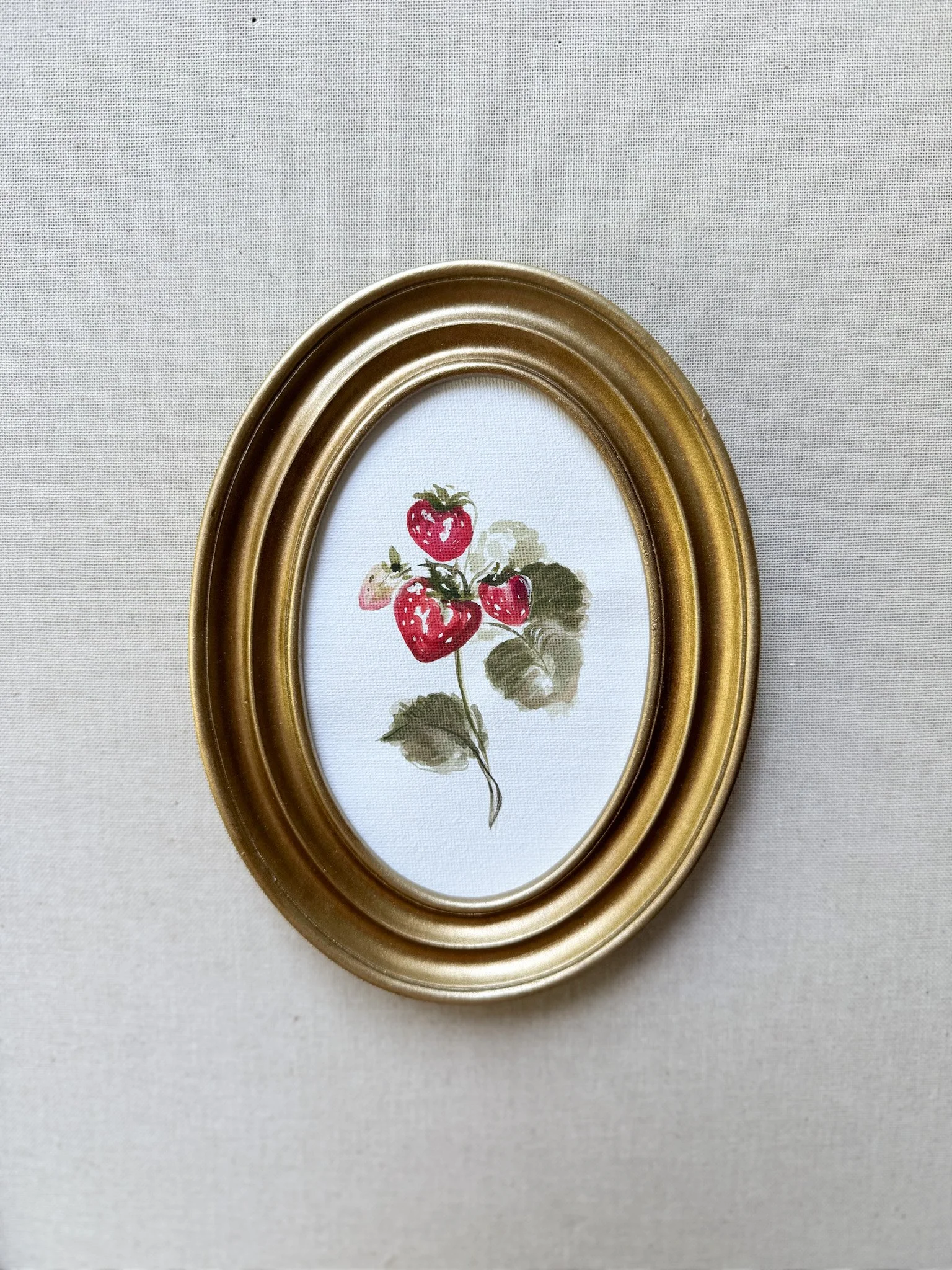 Original Strawberry Botanical Painting Framed in an Oval Gold Frame