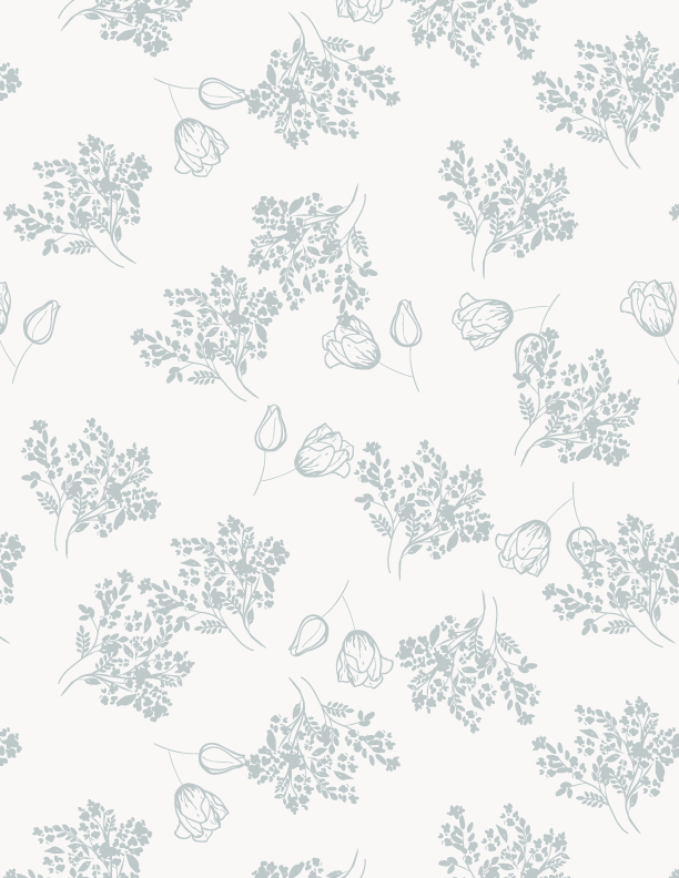 Light gray floral pattern with delicate leaf clusters and tulip-like flowers on a white background.