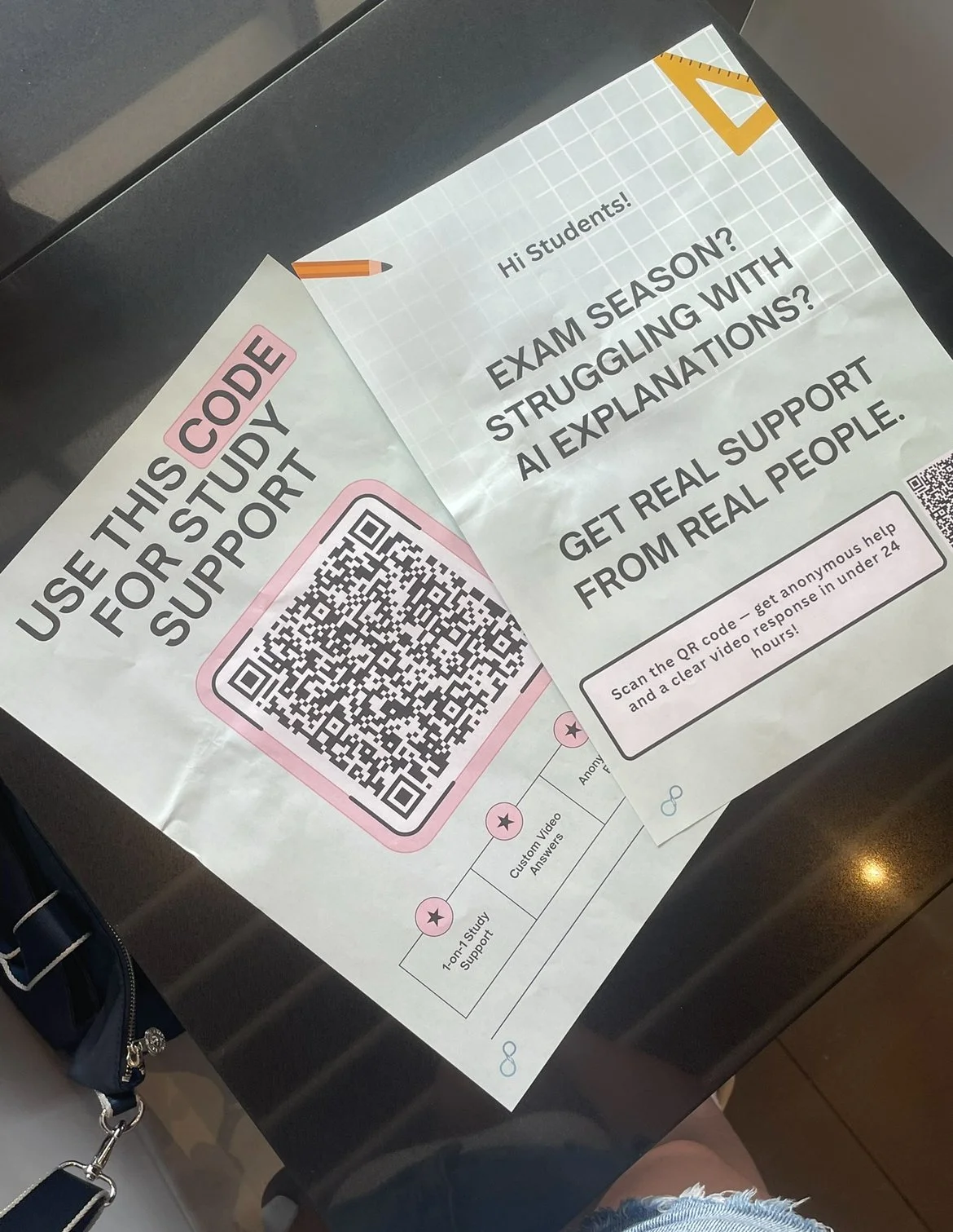 Flyer with a QR code offering support for students with exam struggles, emphasizing real support from real people.